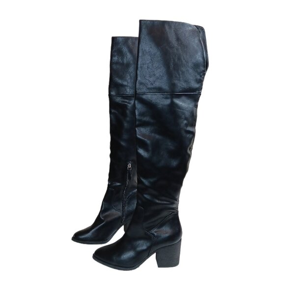 BP Luke Boots Womens 6 Black Faux Leather Over The Knee Zip Block Heel Boots New - Picture 1 of 6